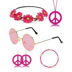 PRICES MAY VARY. Hippie Costume Accessories: The hippie accessories set includes a Hippie headband, a peace symbol necklace, a pair of peace symbol earrings, a pair of Hippie glasses and a beautiful boho floral hair wreath. Buy all at once, eliminate the hassle of selection. Vintage Hip-hop Fashion: The Hippie headband has a variety of wearing ways to show your personality. The boho floral hair wreath makes you the focus of the crowd, the peace symbol necklace and earrings adorn your beauty, and Women 60s, 60s Sunglasses, Disco Outfits, Hippie Glasses, 70s Accessories, Hippie Headband, Floral Hair Wreath, Peace Sign Earrings, Symbol Earrings