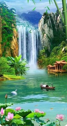 an image of a beautiful waterfall with birds flying over the water and flowers in the foreground