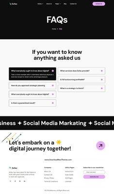 the landing page for faq's website is shown in purple and black colors