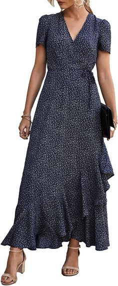 PRETTYGARDEN Women's Wrap Maxi Dress Boho Floral V Neck Short Sleeve Ruffle Hem Split Beach Long Dresses (Blue, X-Large) at Amazon Women’s Clothing store Maxi Summer Outfits, Long Dresses Casual Maxi Summer Outfits, Summer Outfits Floral, Maxi Dress Casual Boho, Classy Modest Dresses, Floral Dresses With Sleeves, Long Dresses Casual, Outfits Floral