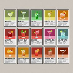 a set of nine cocktail menus with different types of drinks and beverages in them