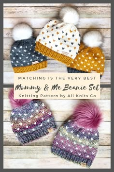 three knitted hats with the words matching is the very best mommy and me beanie set