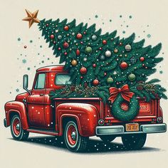 an old red truck with a christmas tree in the back