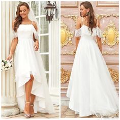 two pictures of brides in white dresses and one is wearing an off the shoulder dress