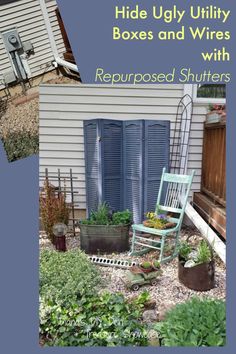 a rocking chair sitting on top of a gravel covered ground next to a planter filled with flowers