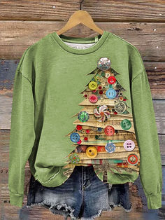 Women's Art Christmas Tree Print Casual Sweatshirt Sweatshirt Makeover, Diy Ugly Christmas Sweater, Art Christmas Tree, Quilted Sweatshirt, Christmas Tree Print, Sewing Embroidery Designs, Christmas Sewing, Vintage Christmas Tree, Sewing Gifts