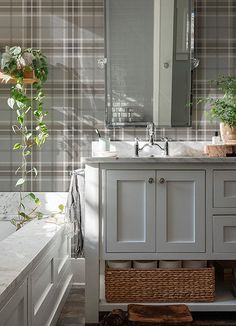 a bathroom with a sink, mirror and bathtub next to a potted plant