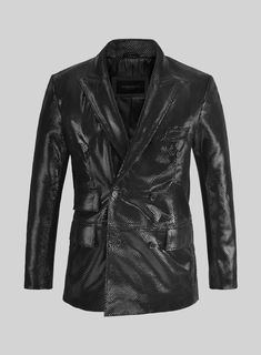 StudioSuits- Snake Emboss Black Leather Blazer Tailored Luxury Leather Jacket, Classic Long Sleeve Leather Jacket For Party, Luxury Double-breasted Leather Jacket For Formal Occasions, Elegant Double-breasted Leather Jacket For Formal Occasions, Luxury Double-breasted Sport Coat, Luxury Notch Lapel Blazer For Night Out, Luxury Leather Jacket For Formal Occasions, Luxury Leather Jacket Long Sleeve For Semi-formal, Luxury Black Double-breasted Blazer