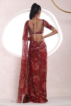 Red pre-draped saree with all over blossom jaal pattern and sequin embellishments. Comes with matching blouse. - Aza Fashions Mahima Mahajan, Draped Saree, Drape Saree, Saree With Blouse, Aza Fashion, Red Floral, Embellishments, Blouses For Women, Sequin