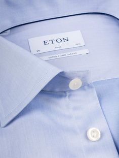 ETON Slim Fit Extra Long Shirt Blue Blue Slim Fit Business Top, Classic Blue Business Tops, Blue Slim Fit Top With Spread Collar, Classic Blue Tops For Business, Formal Light Blue Top With Spread Collar, Light Blue Slim Fit Elegant Tops, Elegant Light Blue Slim Fit Top, Light Blue Slim Fit Top With Spread Collar, Business Light Blue Tops With Spread Collar