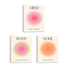 three book covers with the words mind, body and soul