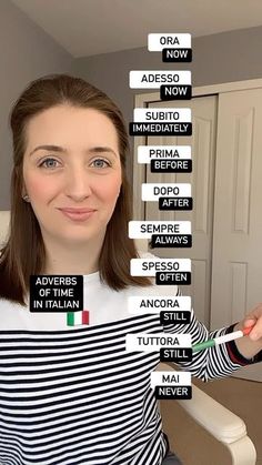 a woman holding a toothbrush in front of her face with the words italian on it