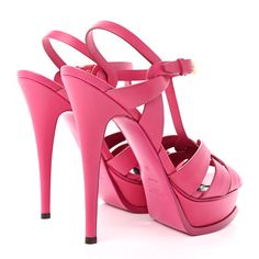 This is an authentic pair of YVES SAINT LAURENT Calfskin Tribute 105 Platform Sandals 38 in Fuchsia. These super-chic sandals are crafted of pink leather. They feature 4 inch wrapped stiletto heels, a solid platform base & woven straps. These are excellent heels for special occasions and the classic chic only from Yves Saint Laurent! Chic Sandals, Saint Laurent Shoes, Classic Chic, Pink Leather, Ankle Strap Sandals, Strap Sandals, Platform Sandals, Knee High Boots, Clip On Earrings