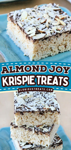 These Almond Joy Krispie Treats are delicious dessert bars that combine toasted coconut and almonds with the traditional Krispie treat. Add this easy summer dessert recipe to your easy Spring dessert ideas too! Almond Joy Rice Krispie Treats, Fancy Rice Krispie Treats, Oreo Krispie Treats, Spring Dessert Ideas, Desert Bars, Coconut Almonds, Easy Summer Dessert, Spring Dessert