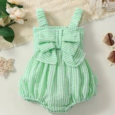 Only Was Washed Never Worn Green Bubble Romper For Spring Playwear, Spring Green Bubble Romper For Playwear, Green Bubble Romper With Ruffles For Playtime, Green Ruffled Bubble Romper For Playtime, Cute Green Bubble Romper For Playtime, Green Cotton Bubble Romper For The Beach, Green Playful Bubble Romper For Playwear, Cute Green Bubble Romper For The Beach, Cute Green Bubble Romper For Beach