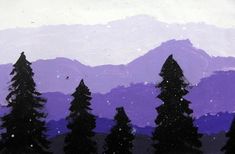 trees are silhouetted against the backdrop of mountains and snow flecked in purple