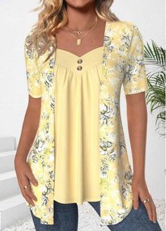 Color:Light Yellow;Size:1X;Size:2X;Size:3X;Package Contents:1 X T Shirt;Occasion:Other;Style:Casual; Plants Print, Womens Dress Suits, Plus Size Coats, Blouse Pants, Yellow T Shirt, Printing Design, Elegant Blouses, Print Placement, Floral Print Blouses