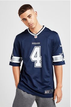 Rep Your Fave Team And Player With This Men's Nfl Dallas Cowboys Prescott #4 Jersey From Nike. In A Navy Colourway, This Loose-Fit Shirt Is Made From Breathable Poly Fabric With Mesh Side Panels To Boost Ventilation. It Features A V-Neckline And Nfl Badge To The Centre, As Well As Short Sleeves With Striped Trims And Star Graphics. Finished With Swoosh Branding And Dak Prescott's Name And Number. Machine Washable.   Our Model Is 5'11" With A 38" Chest And Wears A Size Medium.. Material: 100% Pol Nfl Shirt Outfit, Nfl Jersey Outfit Men, Basketball Jersey Outfit, Custom Sportswear, Vintage Football Shirts, Sport Jersey