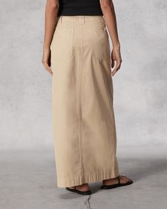 The Leyton. Our workwear pant reimagined as a skirt. The perfect off-duty style with a maxi silhouette and utilitarian details. Crafted from a lightweight Italian cotton with a lived-in feel. Cotton Maxi Skirt, American Workwear, Maxi Skirt Style, Cotton Maxi Skirts, Utilitarian Style, Cotton Maxi, City Style, Cotton Skirt, Skirt Fashion