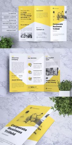 three fold trifold brochure with yellow accents on the front and back side