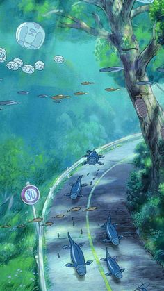 an anime scene with blue birds flying over the road and trees on either side of the street