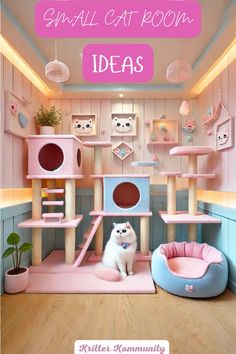 a cat house with a white dog in the middle and pink furniture on the other side