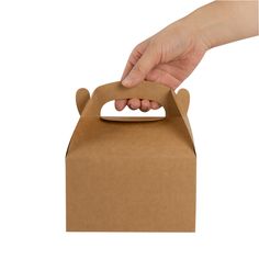 a hand is holding onto a brown paper box with a handle on it, which has a hole in the side