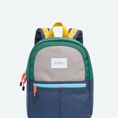 Kane Kids Mini Travel Backpack Color Block Green/Navy School Satchel Backpack In Nylon, School Nylon Satchel Backpack, Playful Softback Bags For Back To School, Casual Standard Backpack For Playtime, Playful School Bags With Zipper Closure, Playful Bags With Zipper Closure For Back To School, Playful Back To School Bag With Zipper Closure, Playful Bag With Zipper Closure For Back To School, Playful Back To School Bags With Zipper Closure