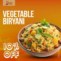 a bowl filled with rice and vegetables next to an advertisement for vegetable biriyani