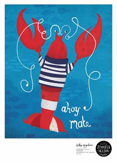 a red lobster wearing a striped shirt with the words, ahoy mate on it