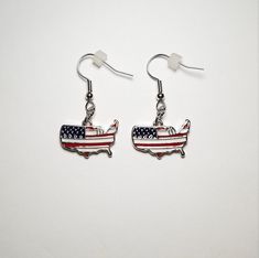 A fun pair of earrings made using American Flag, USA shaped charms. Each pair comes with 2 earring backs. Fun Silver Metal Jewelry, Fun Nickel-free Drop Earrings, Casual Single Silver Earring, Nickel Free Casual Drop Earrings, Casual Silver Single Earring, Nickel-free Casual Drop Earrings, Fun Dangle Pierced Earrings, Fun Dangle Earrings With Ear Wire, Casual Metal Earrings With Ear Wire