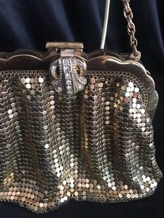 Vintage 1930s Whiting & Davis chainmaille mesh jeweled clasp gold evening bag Vintage Gold Bag With Chain, Elegant Silver Bag With Chainmail Detail, Vintage Evening Bag With Chain Strap, Elegant Silver Chainmail Bag, Elegant Chainmail Bag, Victorian Gold Evening Bag For Party, Horror Clothing, Amp Davis, Scalloped Frame