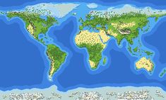 a map of the world with all the countries and their major landforms in green