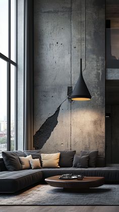 a modern living room with concrete walls and floor to ceiling windows that overlook the city