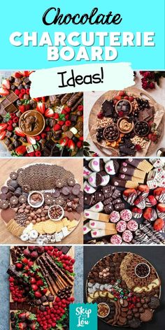 a collage of different types of chocolates and cookies with the words chocolate board ideas