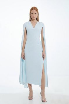 Viscose Satin Back Crepe Tailored V Neck Maxi Cape Dress | Karen Millen Satin Evening Dress With Cape Sleeves, Elegant Spring Maxi Dress With Cape, Spring Evening Cape Maxi Dress, Spring Midi Dress With Draped Cape Sleeves, Cocktail Midi Dress With Draped Cape Sleeves, Silk Cape With Cape Sleeves For Formal Occasions, Satin Dress With Draped Cape Sleeves, Formal Cape With Draped Sleeves, Silk Cape Dress With Draped Sleeves