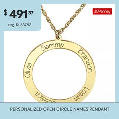 Pendant Size: 28mmPersonalization: Up to 5 names, up to 7 characters eachCare: Wipe CleanJewelry photos are enlarged to show detail.Features: Personalized, Family JewelryShape: CircleMetal Color: YellowChain Length: 18 InchChain Width: .85 MillimetersChain Construction: RopeMetal: 14k GoldNecklace Type: Pendant NecklacesAssembled in the US from Imported Materials Personalized Circle Jewelry For Personalized Gift, Personalized Circular Jewelry, Customizable Round Yellow Gold Name Necklace, Customizable Yellow Gold Round Name Necklace, Customizable Name Necklace, Personalized Round Name Necklace For Anniversary, Name Necklace For Anniversary Gift, Customizable Round Name Necklace For Birthday, Customizable Round Jewelry For Mother's Day