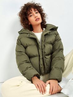 Olive Green Casual  Long Sleeve Polyester Plain Puffer  Non-Stretch Winter Women Outerwear Olive Puffer Jacket Outfit, Puffer Jacket Outfit Women, Olive Puffer Jacket, Green Parka Outfit, Olive Green Winter Jacket, Green Winter Jacket, Outfit Uni