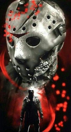 a movie poster for friday the 13th with a mask and a man standing in front of it