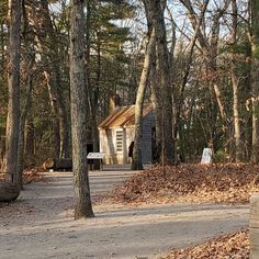 an old house in the woods surrounded by trees and leaves with a sign on it