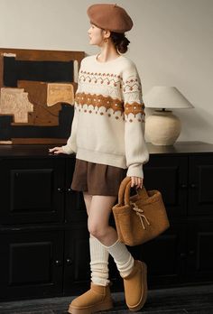 Cozy festive sweater with a round neckline and textured fair isle design. One Size: 45" chest, 22" length Sweater Cream, Fair Isle Sweater, Shoe Gifts, Overall Dress, Sweater Blouse, Cardigan Jacket, Autumn Summer, Fair Isle, Round Neckline