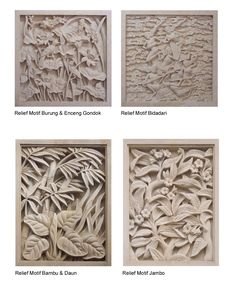 four different types of carved wood panels with flowers and leaves on the front, one in white