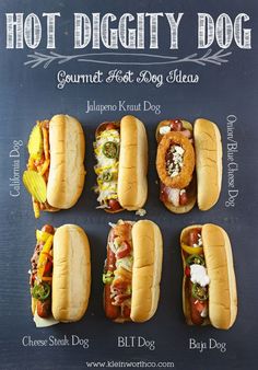 six hot dogs with different toppings on them