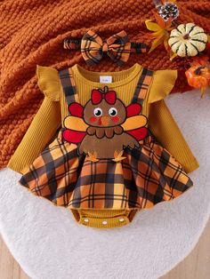 1pc Baby Girl Casual Comfortable Long Sleeve Animal Pattern Romper, Autumn/Winter Yellow     Cartoon,Geometric Tee Slight Stretch  Baby Girls Clothing, size features are:Bust: ,Length: ,Sleeve Length: First Thanksgiving Outfit Girl, Fall Cotton Onesie With Letter Print, Brown Fall Onesie For Playtime, Thanksgiving Onesie Girl, Christmas Baby Romper, Baby Girl Christmas Outfit, Girls Christmas Outfits, Pattern Romper, Baby Girl Winter