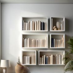 a white shelf filled with books next to a potted plant