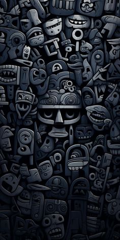 an abstract painting with many different faces and symbols in black, white and grey colors