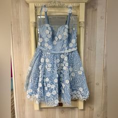 This Is A Light Blue, Size 16, Short Dress With Straps. It Is Covered In A Mix Of 3-D Flowers, Pearls, And Sparkles. The Dress Is In Excellent Condition And Has Only Been Worn Once. Colorful Dresses Formal, Flower Dresses, Formal Dress, Short Dress, Vintage Dresses, Size 16, 3 D, The Dress, Short Dresses