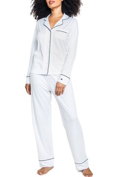 Feel cool and comfy in supersoft pima-cotton pajamas styled with notched lapels, smooth piping and a convenient chest pocket. Top has notched collar; long sleeves 100% cotton Machine wash, dry flat Made in Peru Classic White Long Sleeve Sleepwear, Classic White Sleepwear For Pajama Party, Classic White Relaxed Fit Sleepwear, Classic Long Sleeve Sleepwear For Lounging, Classic Pajamas, Cotton Pajamas, Pajama Pant, Cuffed Pants, Sleepwear Women