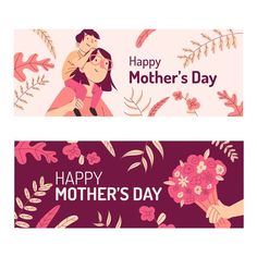 two horizontal banners for mother's day with hand drawn flowers and leaves on them