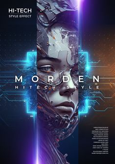 a futuristic woman's face with the words modern high - tech in front of it